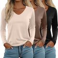 Ficerd 3 Pack Women's Long Sleeve V Neck Basic Tops - Soft Everyday