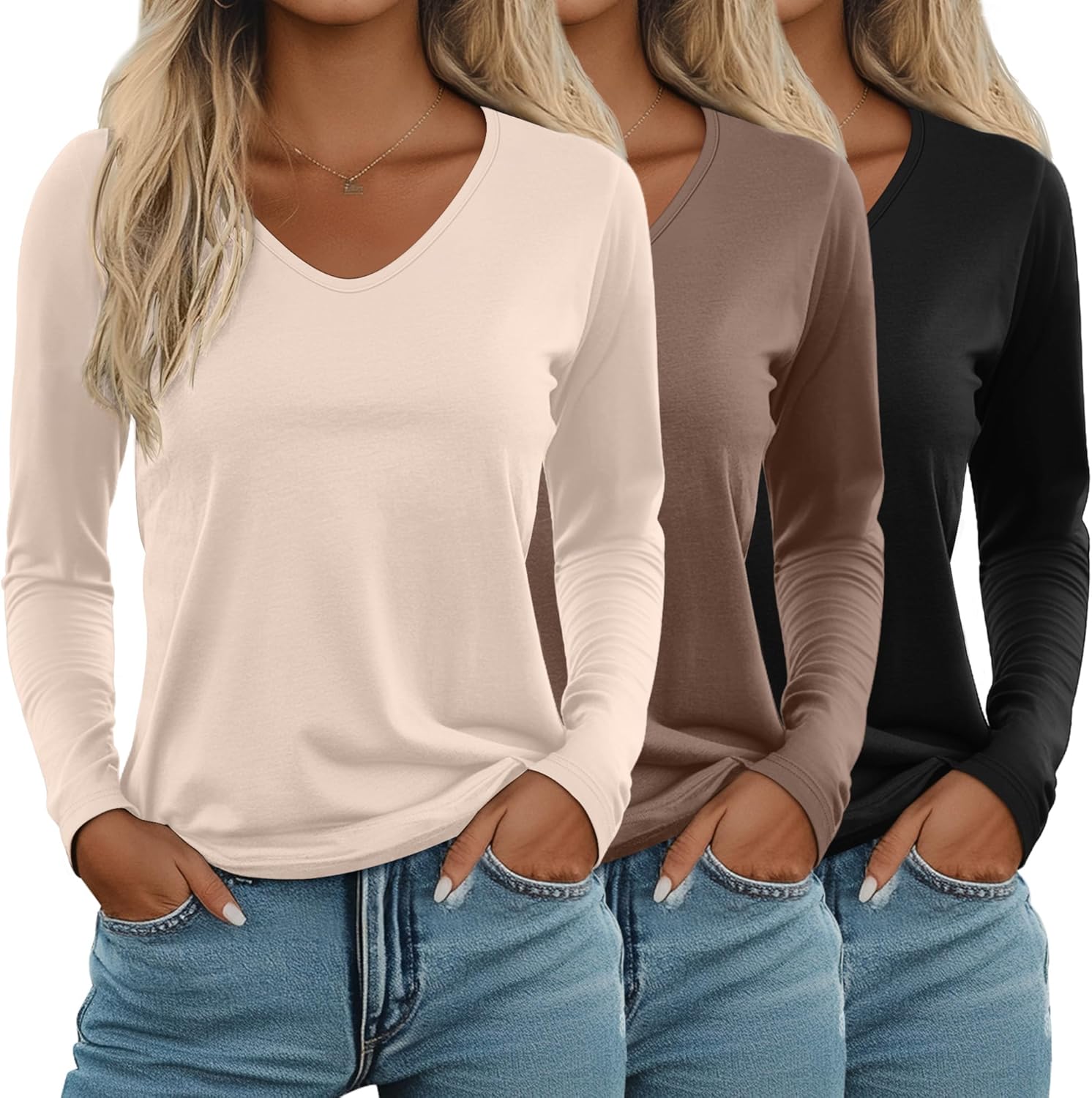 Ficerd Women's Long Sleeve V Neck T Shirts - Casual Soft Tops