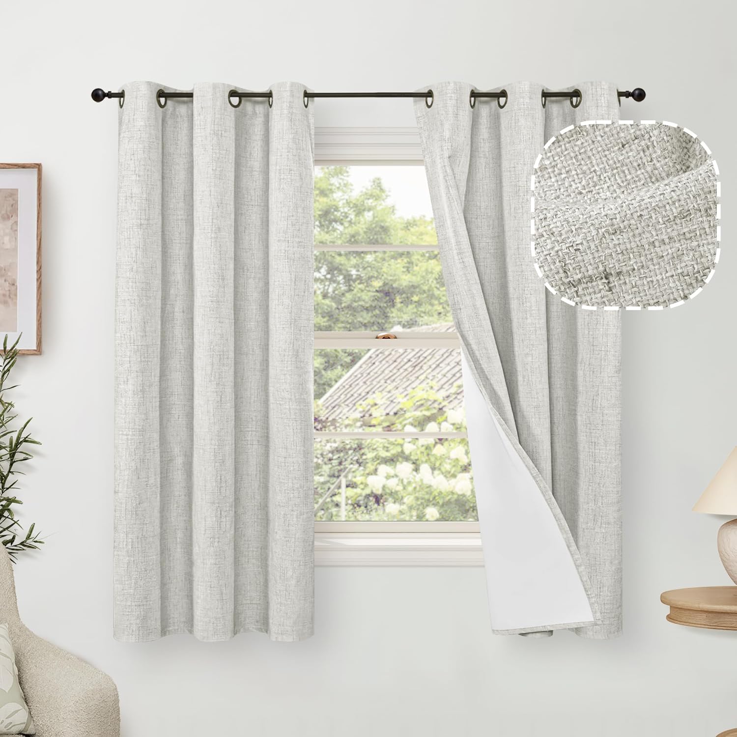 Linen Blackout Curtains for Bedroom Narrow Window - Light Grey