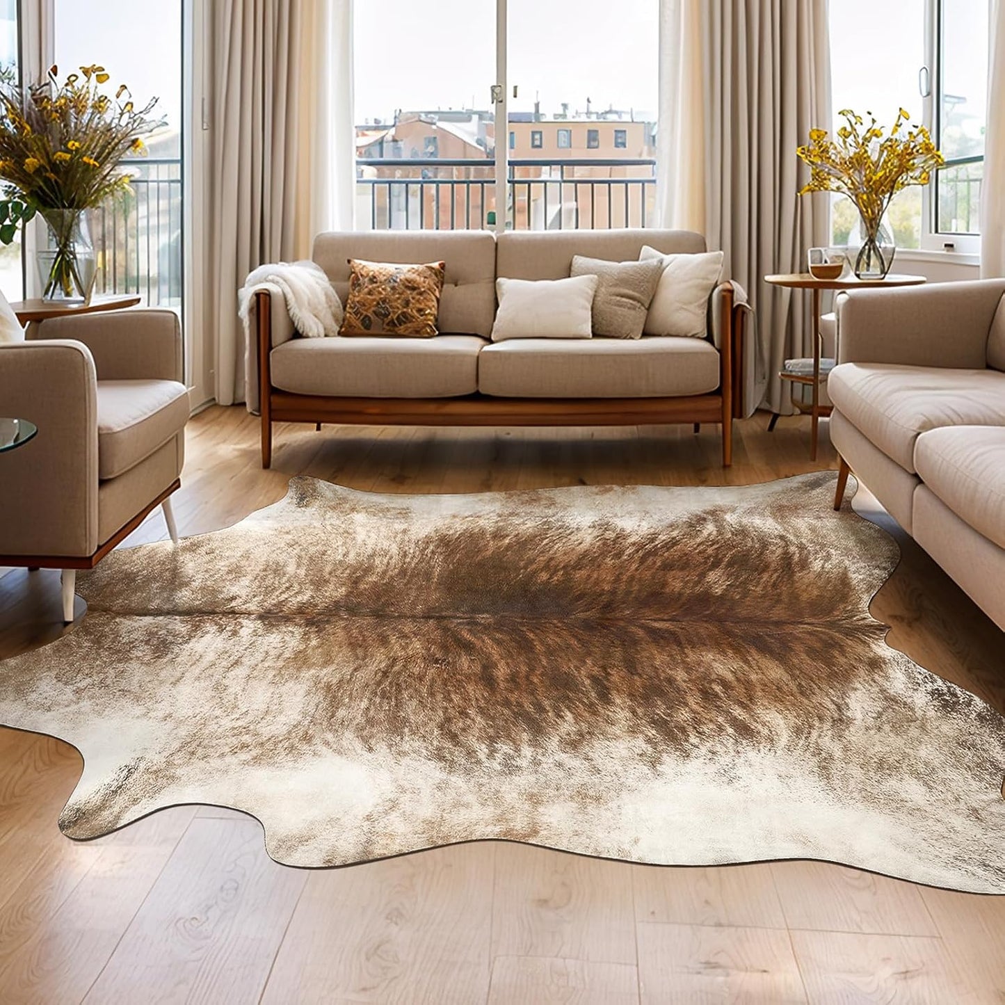 Premium Faux Fur Cowhide Rug for Western Decor, 4.6 x 5.2 Feet