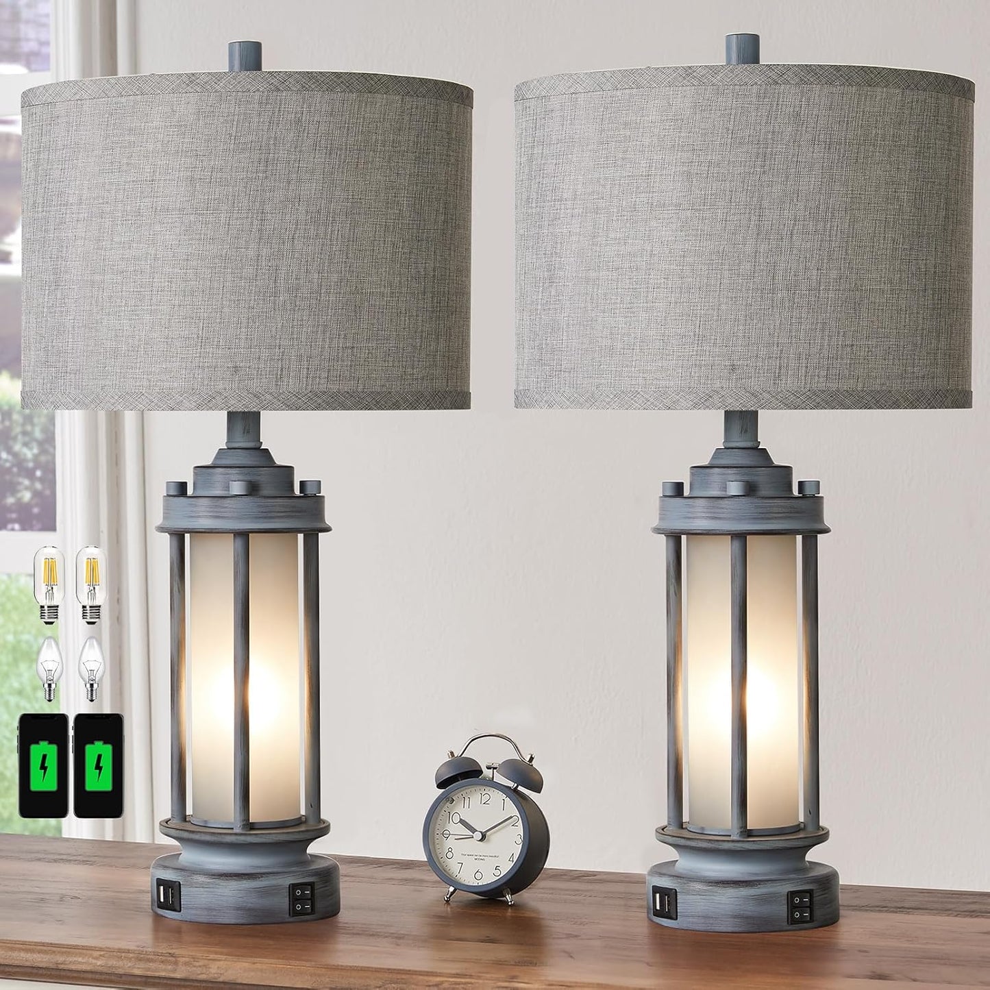 Set of 2 Rustic Table Lamps with USB Ports for Bedroom