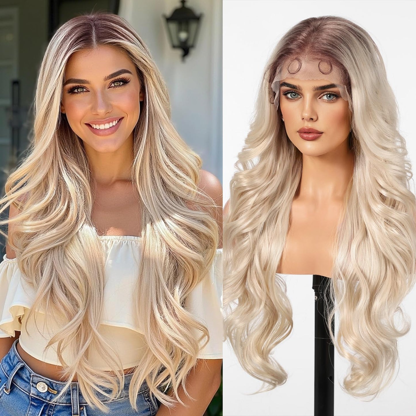 Long Blonde Wavy Lace Front Wig for Women - 26 in Body Wave