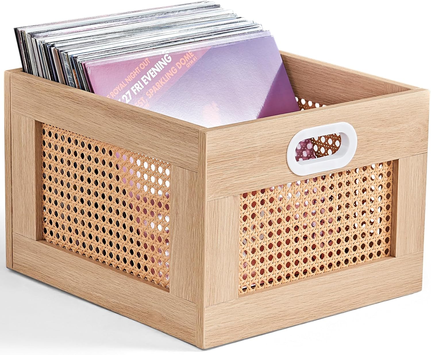 Vinyl Record Storage Crate for 75 LPs - Stylish Rattan Design