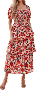 BTFBM Womens Square Neck Smocked Dress for Summer Events