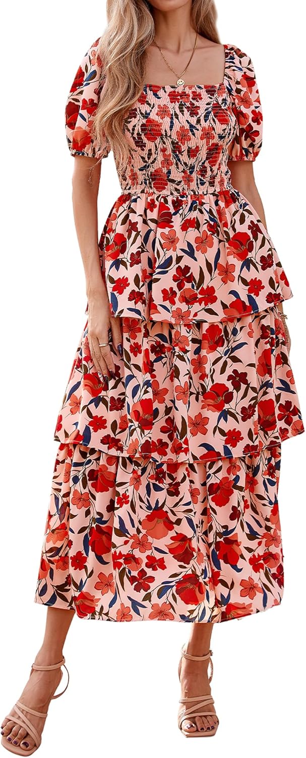 BTFBM Womens Square Neck Smocked Dress for Summer Events