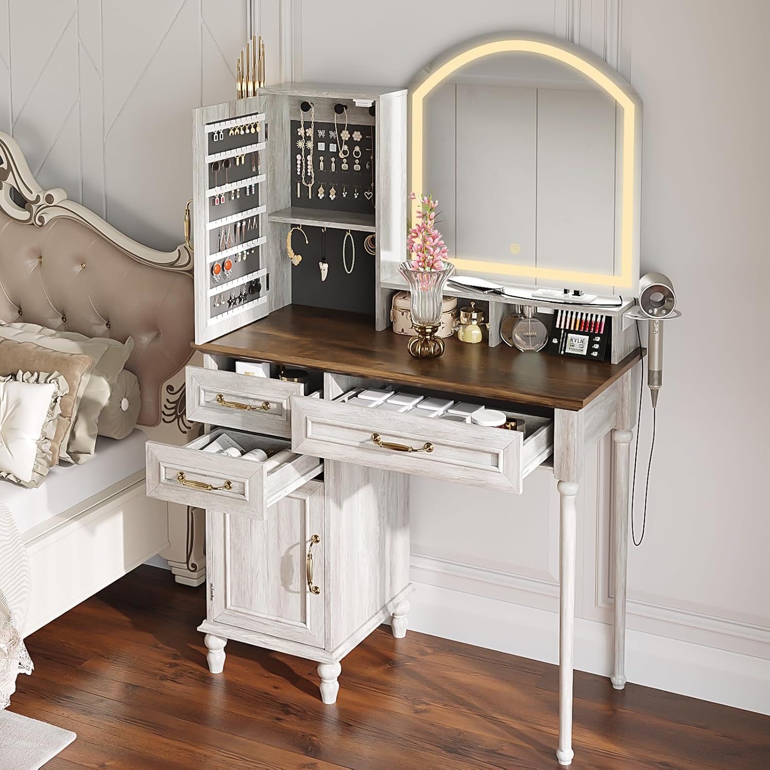 Vintage Brown Vanity Desk with Jewelry Storage