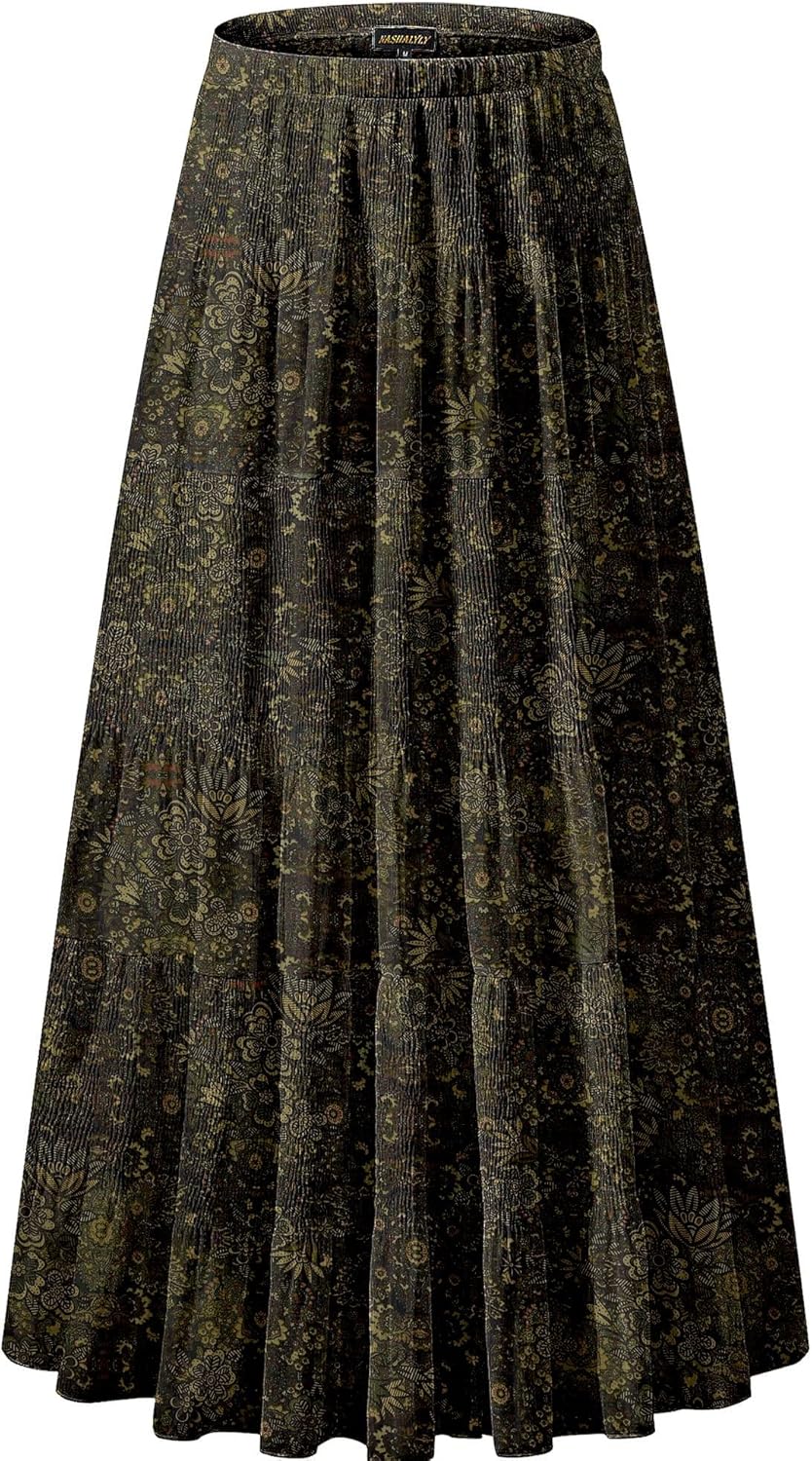 Chiffon Elastic High Waist Pleated A-Line Maxi Skirts for Women