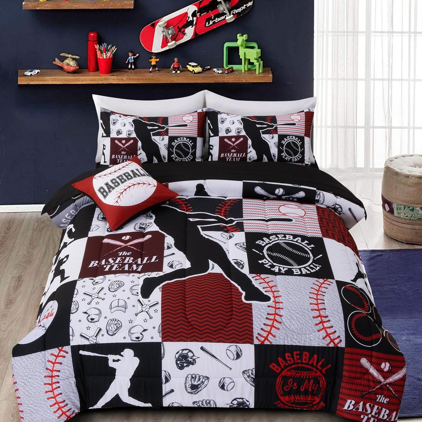 Geometric Grid Baseball Printed Twin Bed in A Bag Comforter Set
