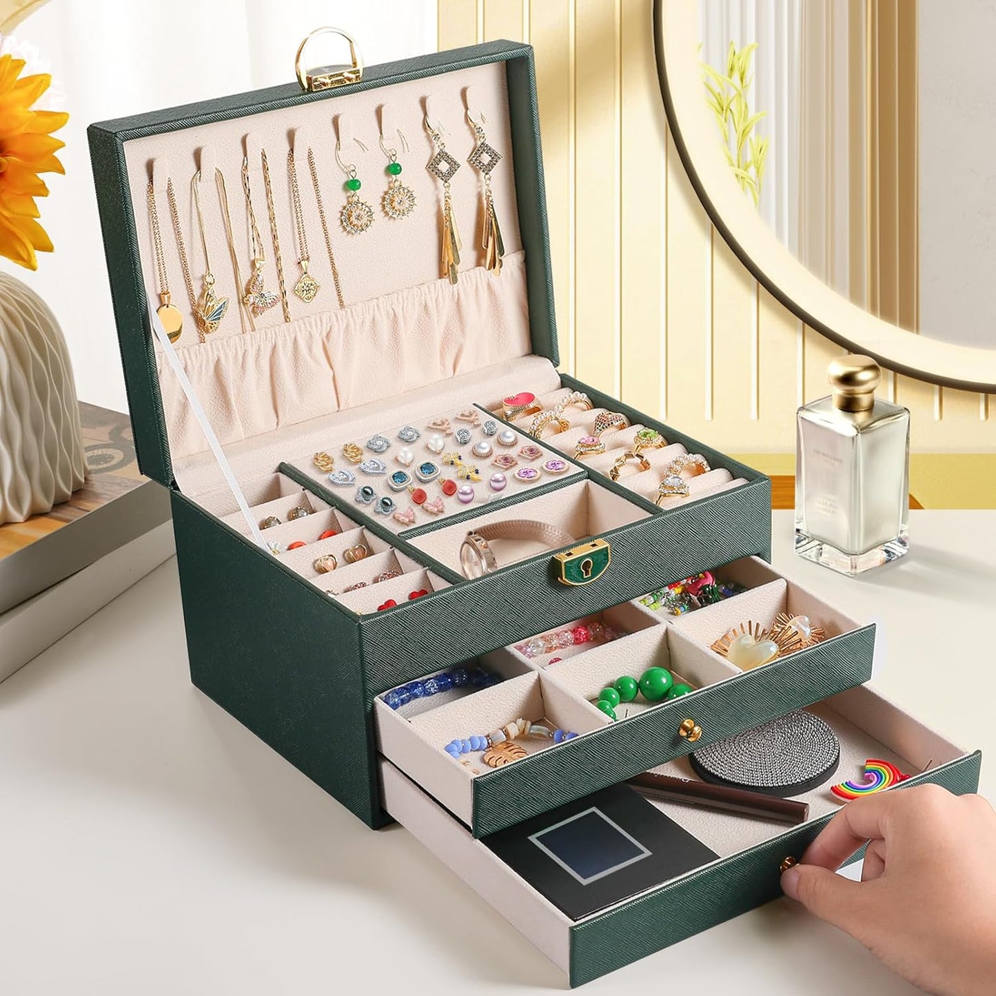 3 Layer Jewelry Box with Velvet Organizer and 2 Drawer Tray