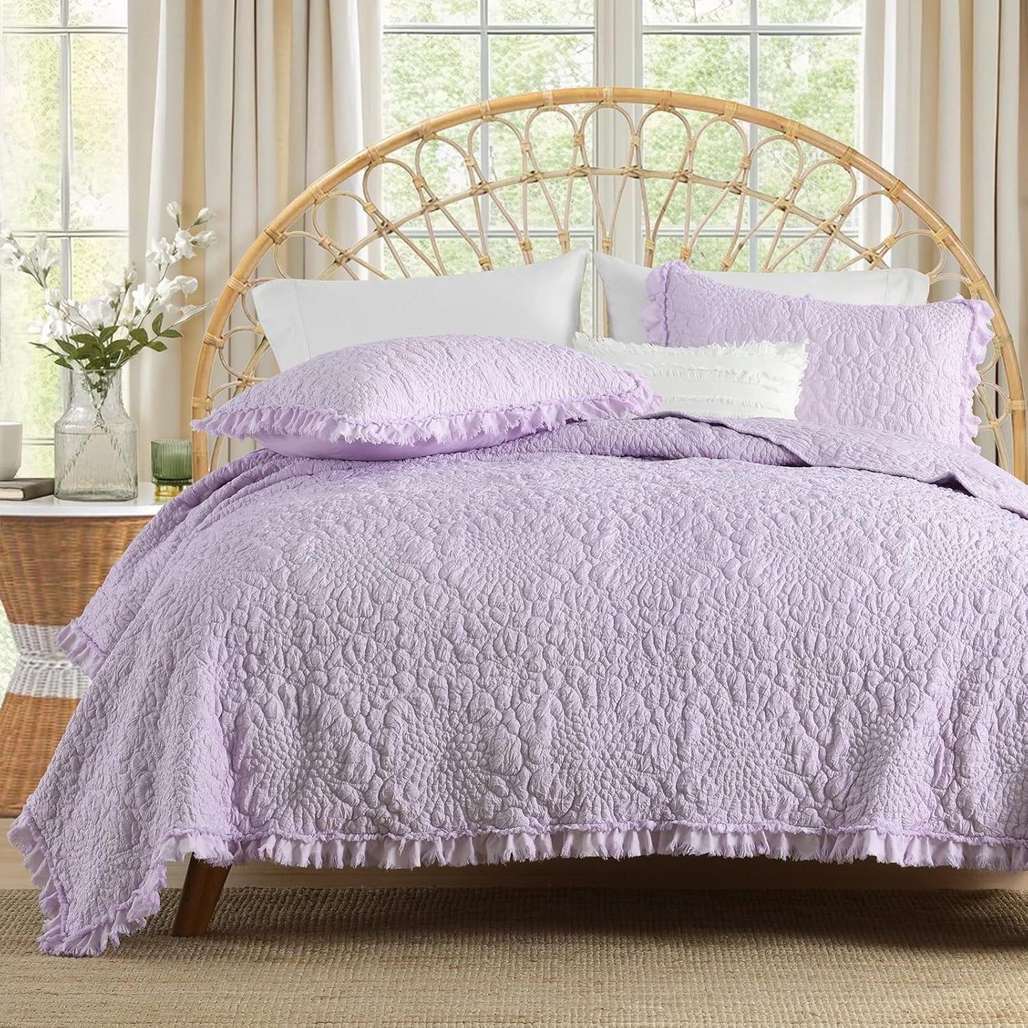 Lavender Ruffled Quilt Queen Size for Chic Farmhouse Bedding