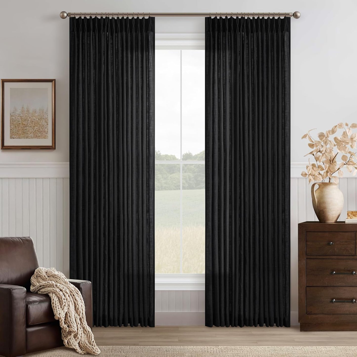 Black 90 Inch Linen Curtains with Pinch Pleat Design for Home