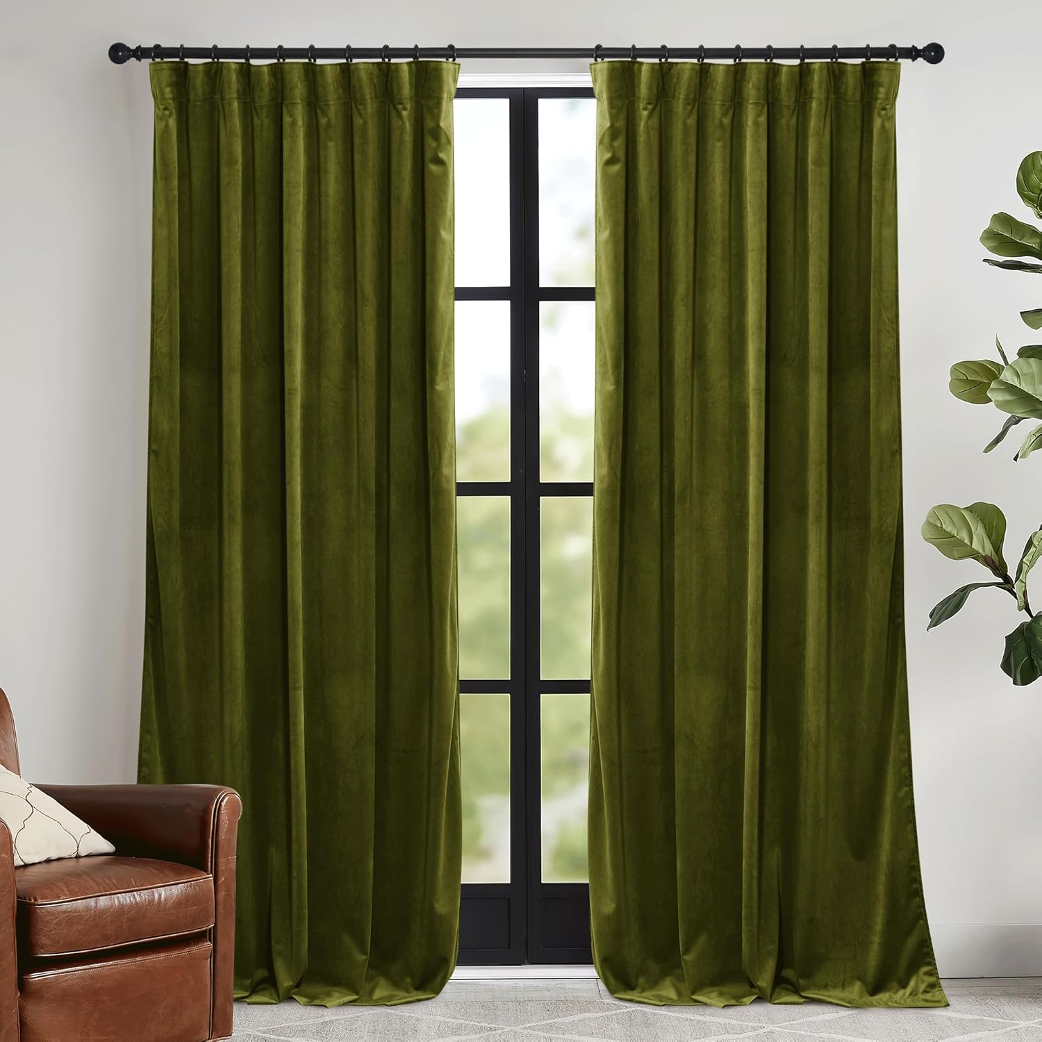 RYB HOME Moss Green Velvet Curtains for Luxury Home Decor