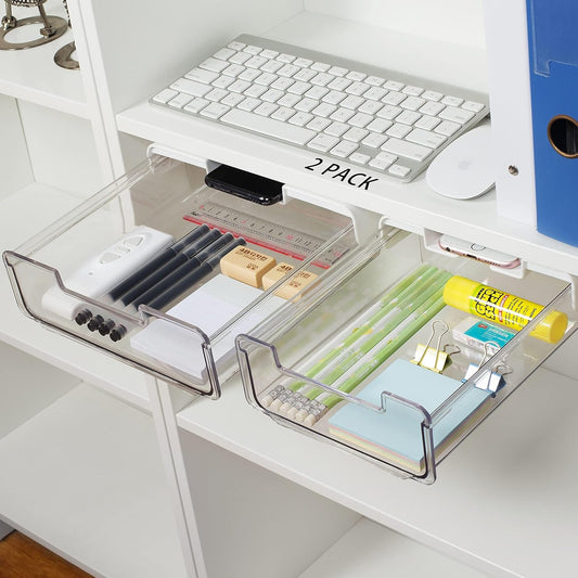 Adhesive Under Desk Drawer Organizer - Clear Acrylic Shelf with Phone Stand - Space-Saving Solution