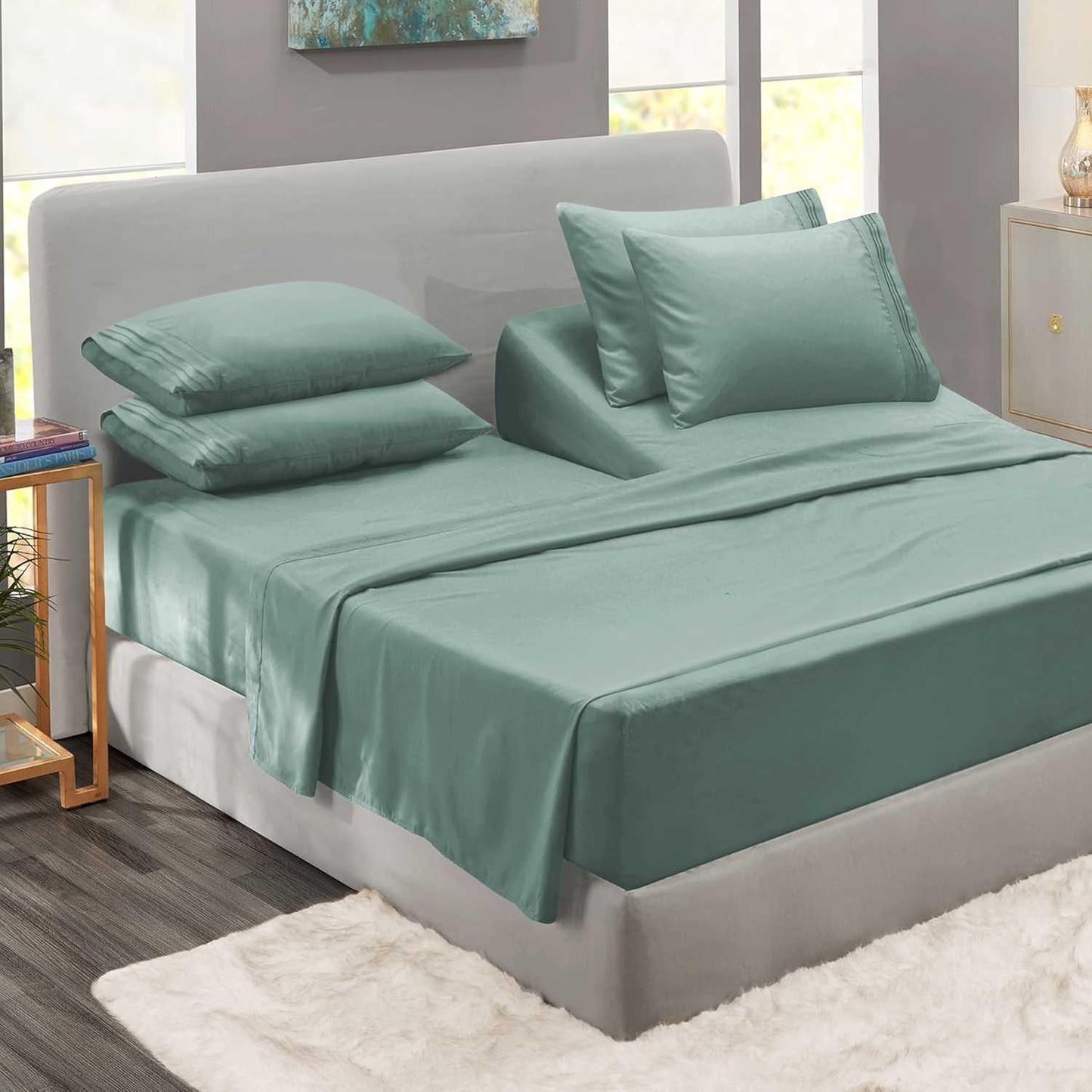 Clara Clark Flex Top King Sheets - Luxury 6 Piece Set in Sage Green