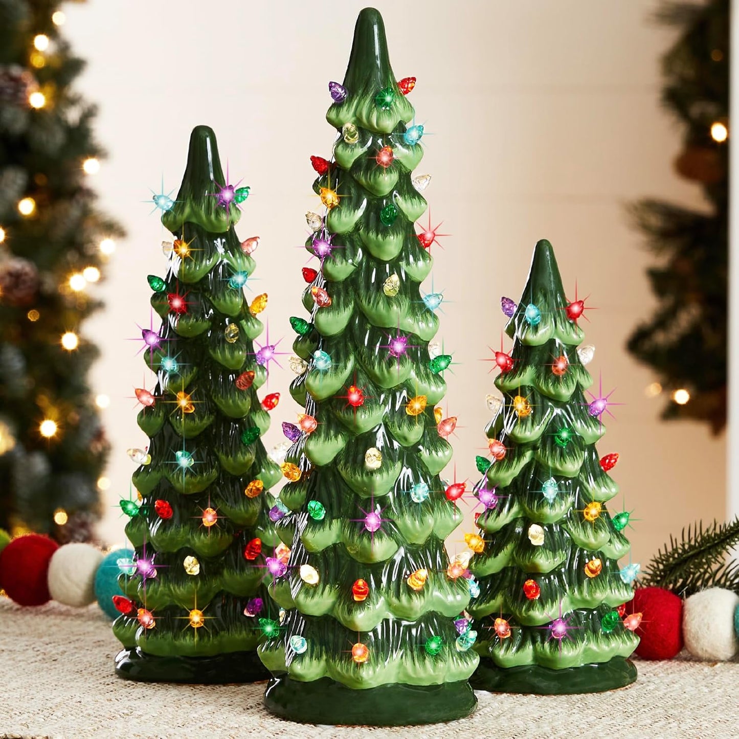 Ceramic Christmas Trees Set of 3 with LED Lights for Holidays