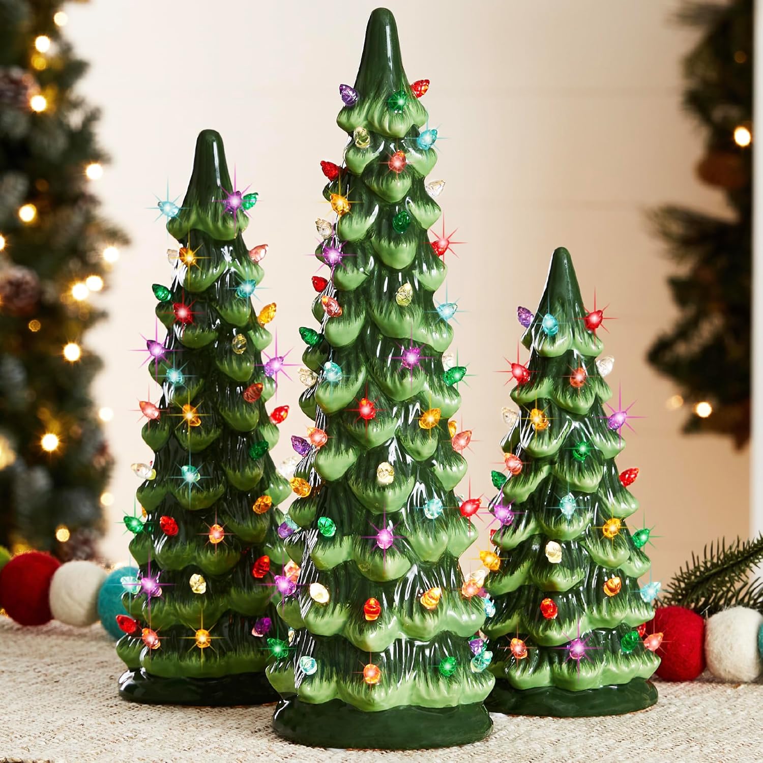 Ceramic Christmas Trees Set of 3 with LED Lights for Holidays