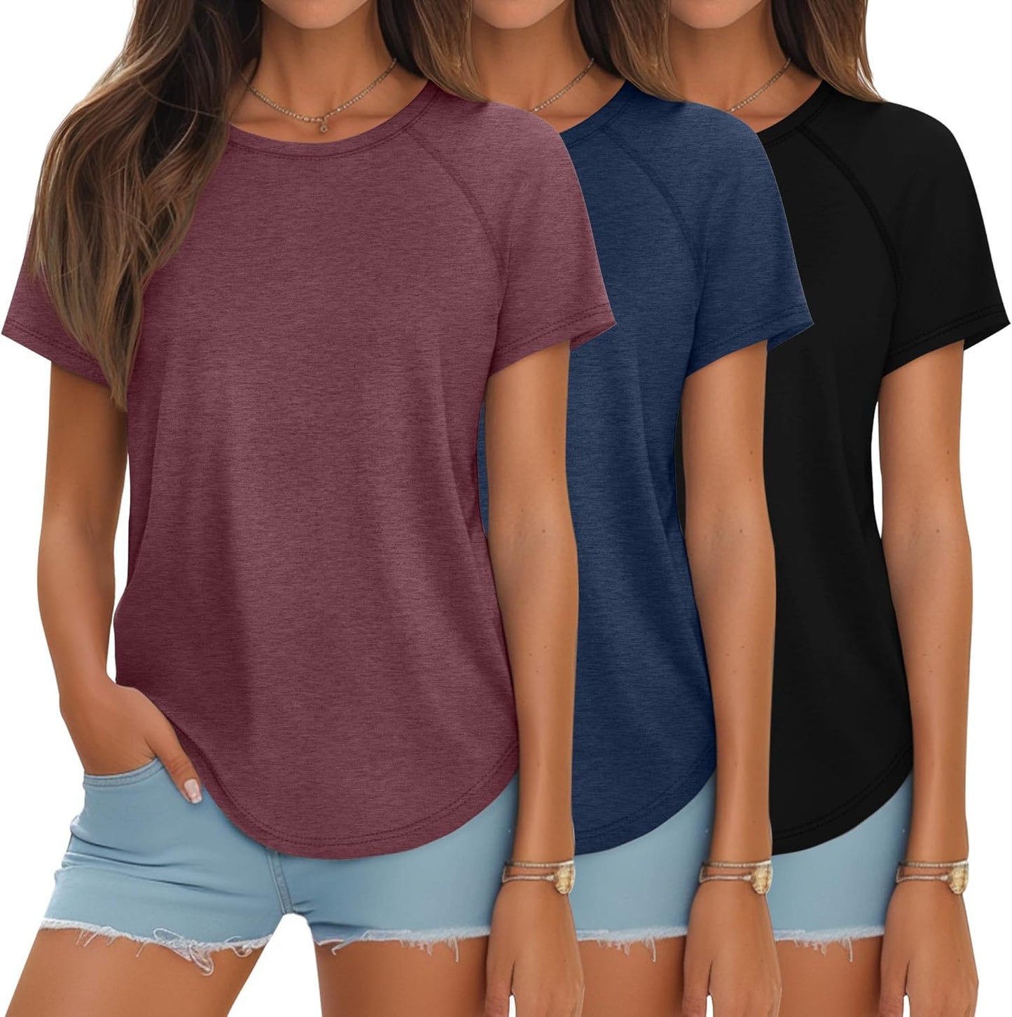 Ficerd 3 Pcs Women Short Sleeve Shirts for Summer Style