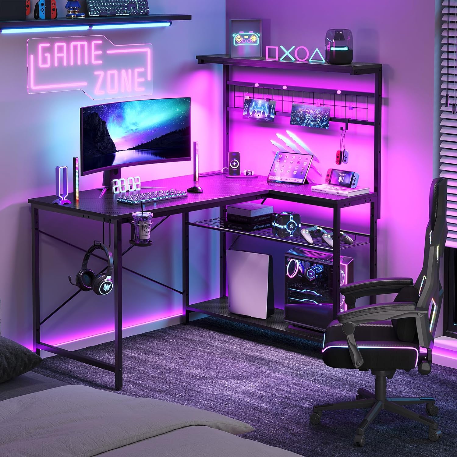 Bestier 42L Gaming Desk with Power Outlets & LED Lights