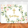 Floral God Bless Backdrop 10x8ft for First Holy Communion - Pink