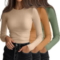 Ficerd Women's Ribbed Long Sleeve Tops Slim Fit 3 Pack