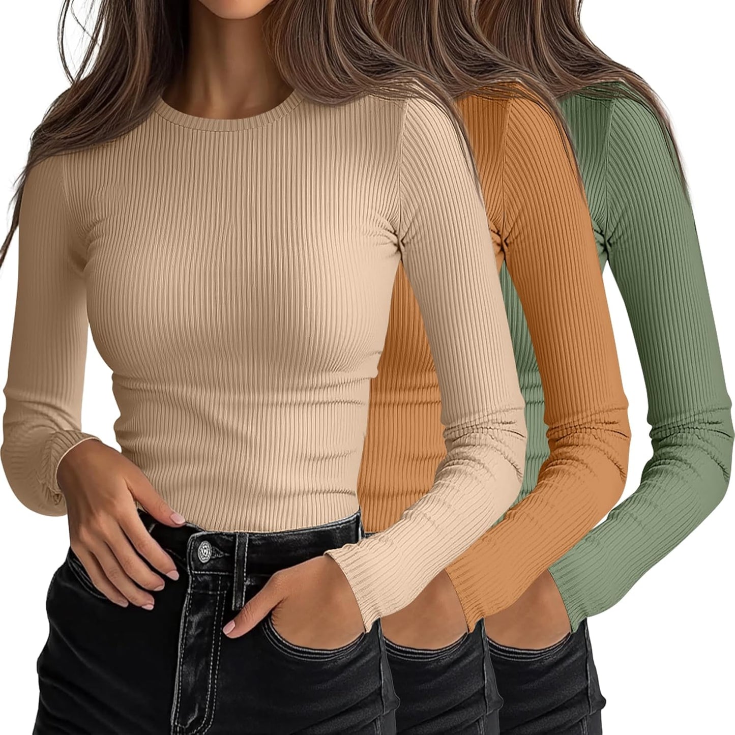 Ficerd Women's Ribbed Long Sleeve Tops for Casual Layering
