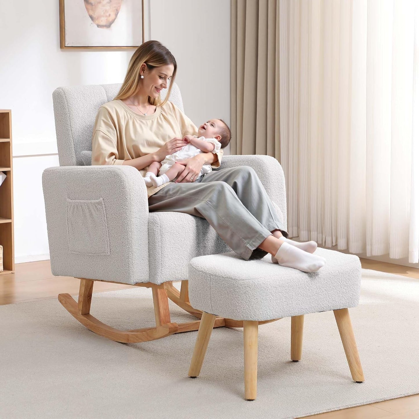 Comfy Glider Rocking Chair - High Backrest, Side Pocket - White