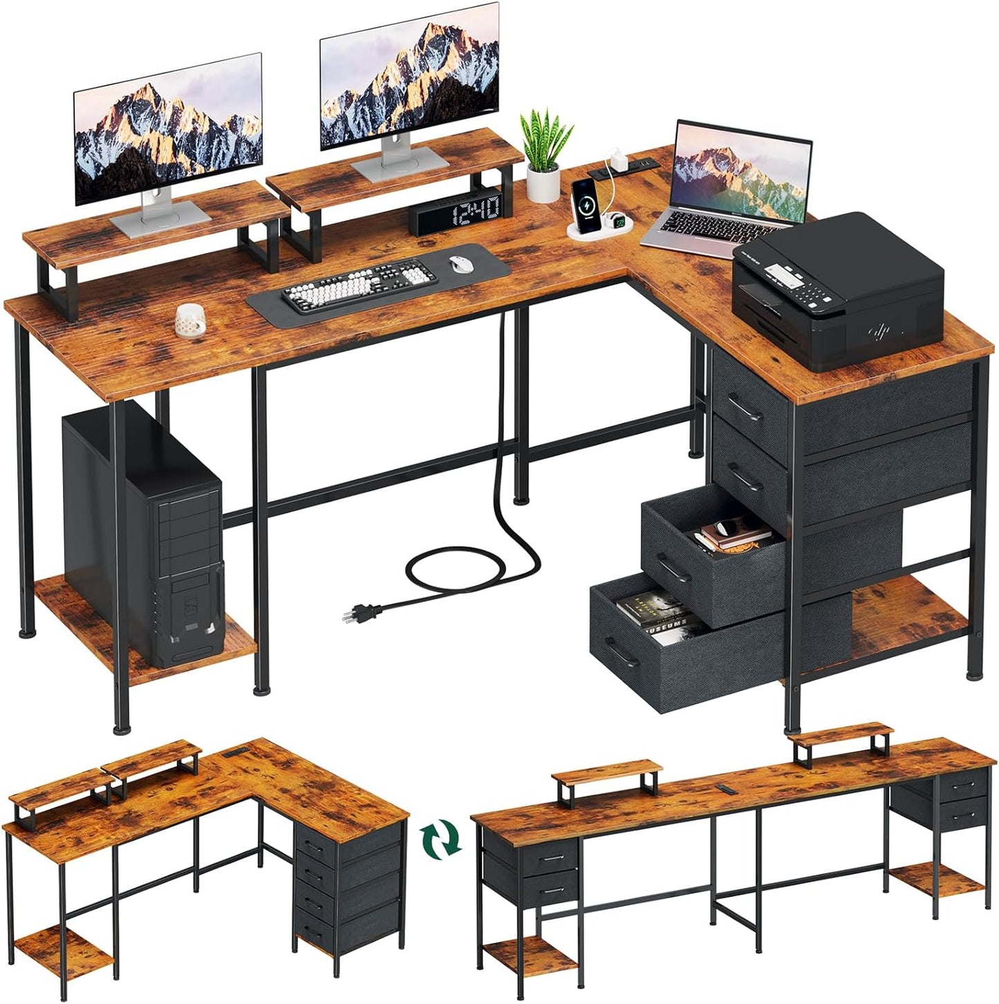 Rustic Brown L-Shaped Desk with Power Outlets