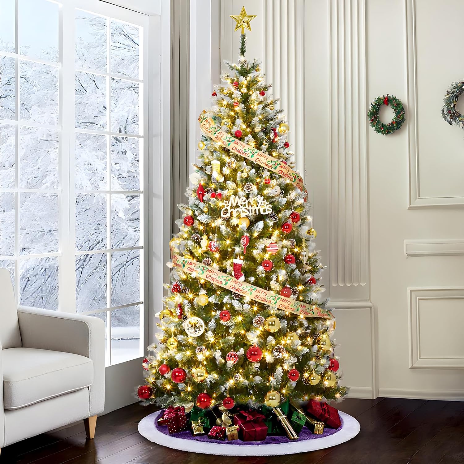7.5FT Pre-Lit Artificial Christmas Tree with Pine Cones and LEDs