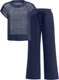 Two Piece Crochet Sheer Knit Sweater Top and Wide Leg Pants Set Fit