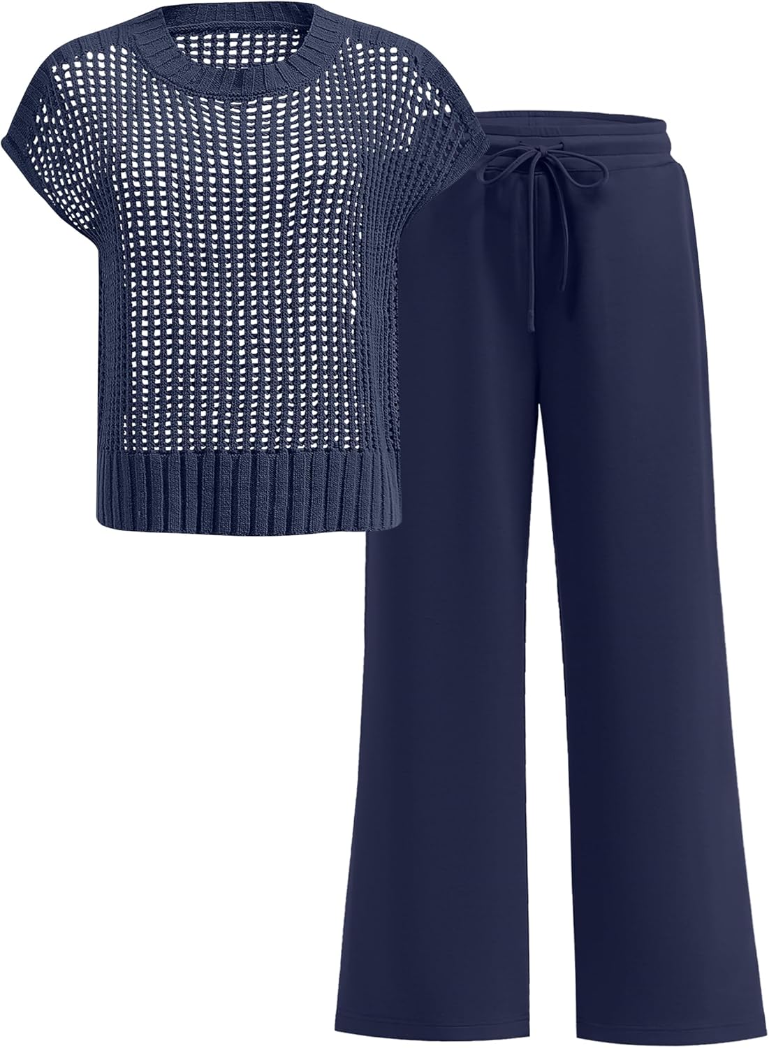 Women Two Piece Outfits Crochet Sheer Knit Sweater Top Set