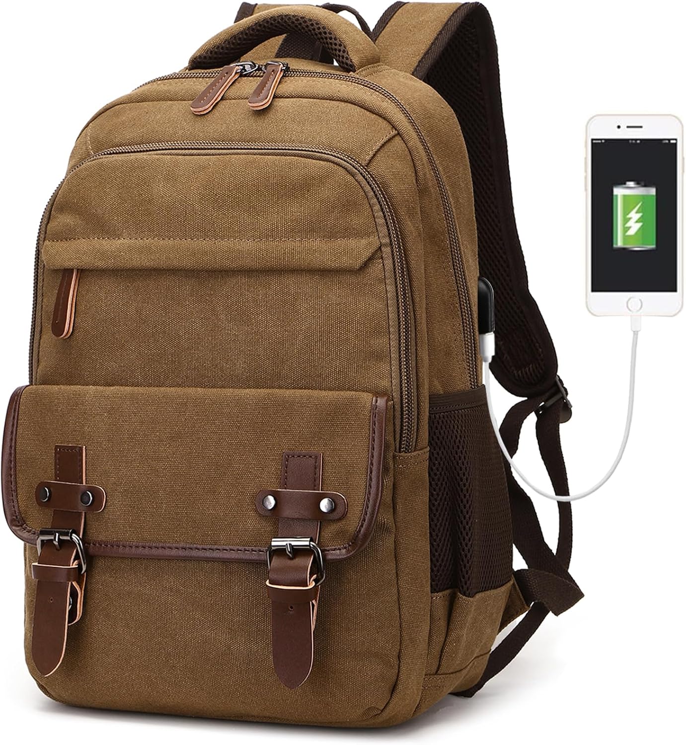 Vintage Canvas Laptop Backpack with USB Charging Port for Travel