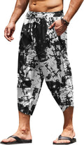 Men's Linen Harem Capri Pants Lightweight Loose 3/4 Shorts - Casual