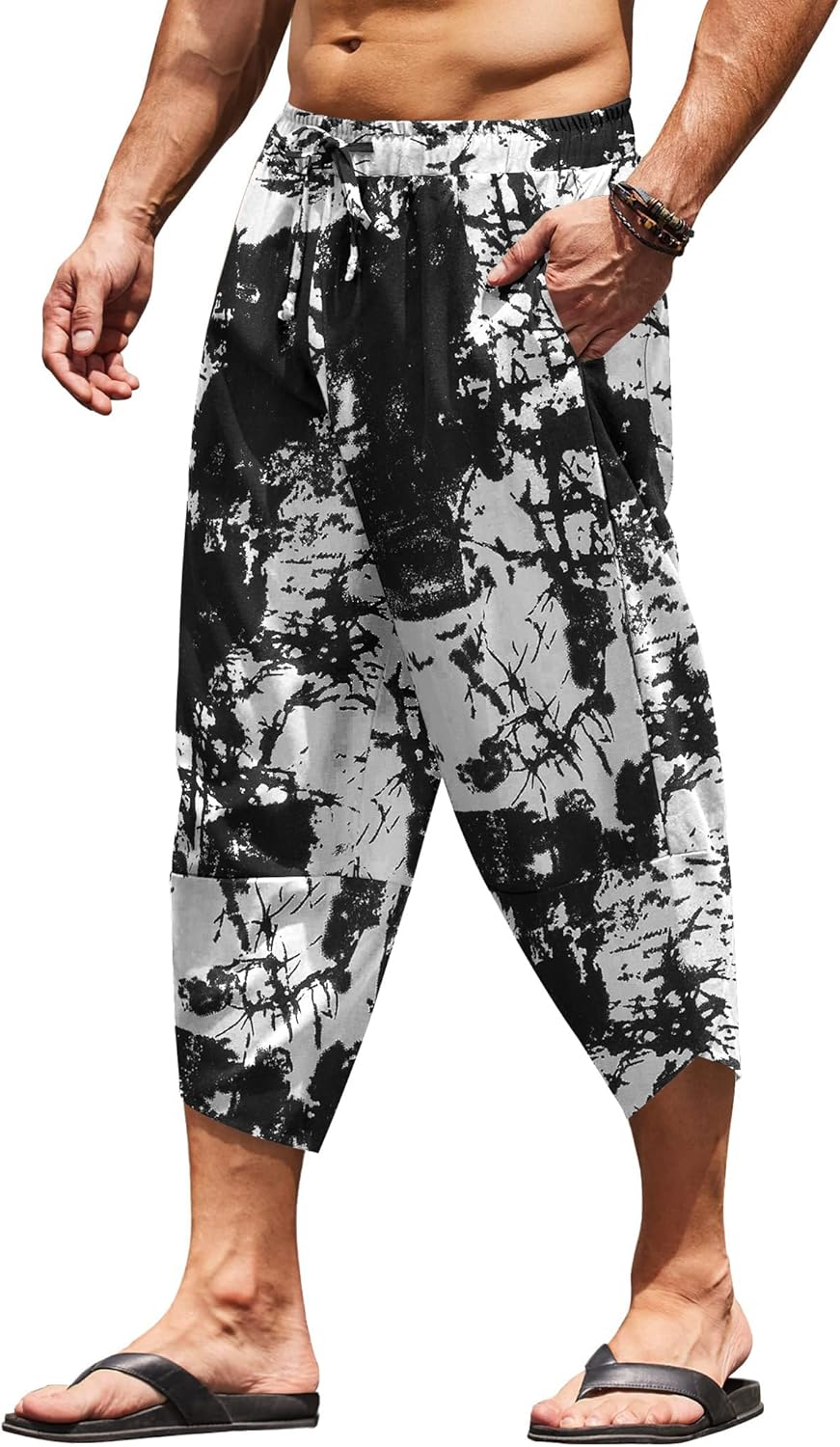 COOFANDY Men's Linen Harem Capri Pants for Casual Beach Wear