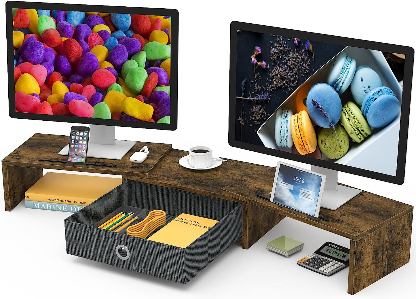Dual Monitor Stand Riser with Drawer for Ergonomic Setup