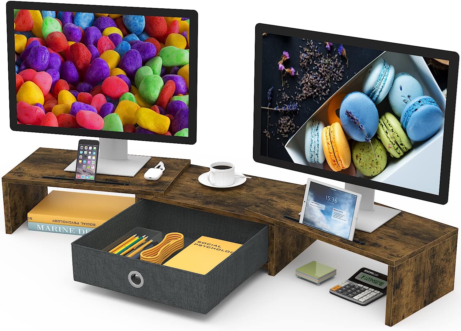 Dual Monitor Stand Riser with Drawer for Ergonomic Setup
