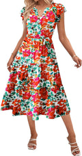 Womens Summer Casual Ruffle Sleeve V Neck Midi Dress (Style 6M2Q)