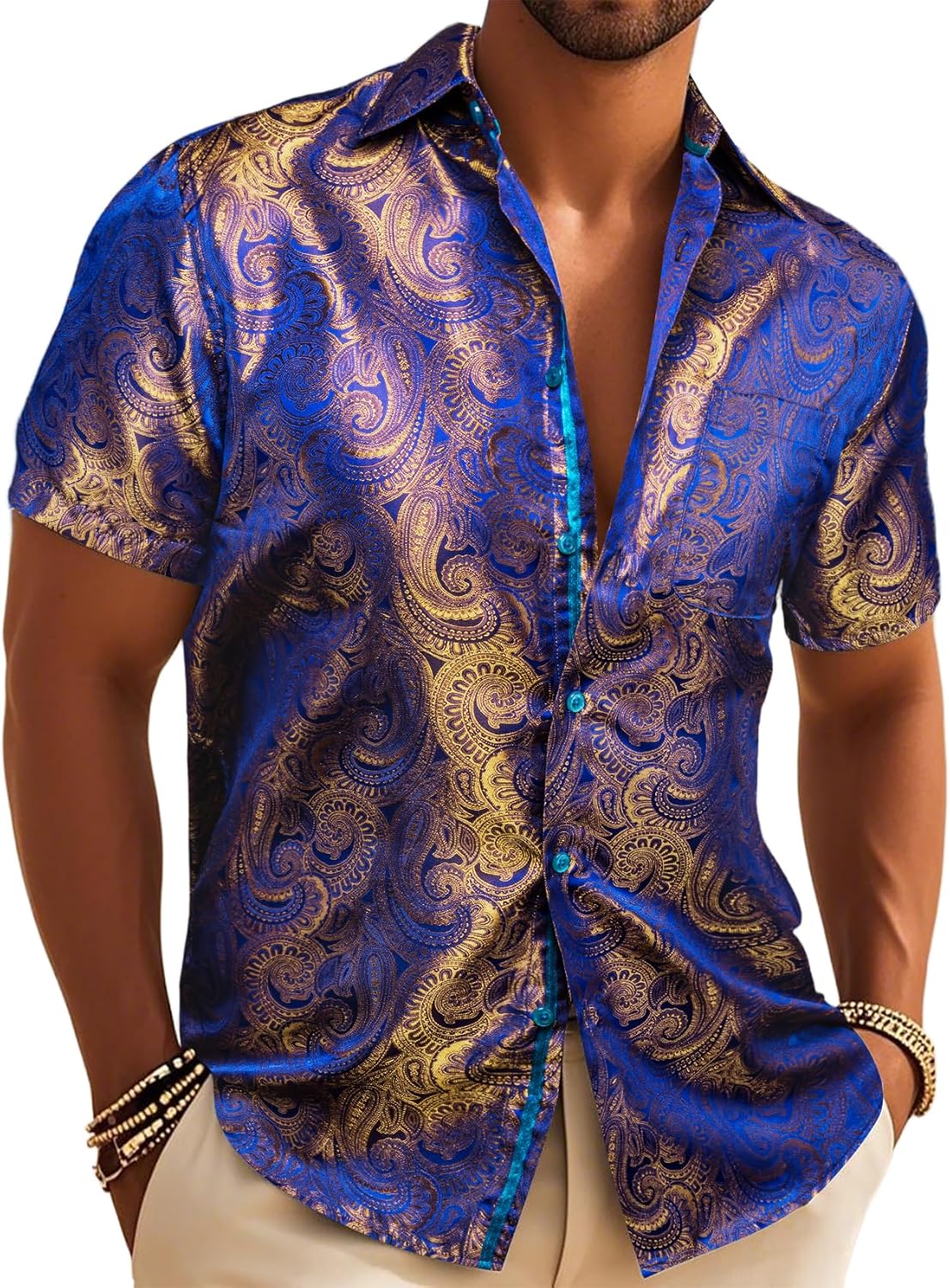 Men's Silk Shirt Paisley Floral Jacquard Short Sleeve Dress Shirt