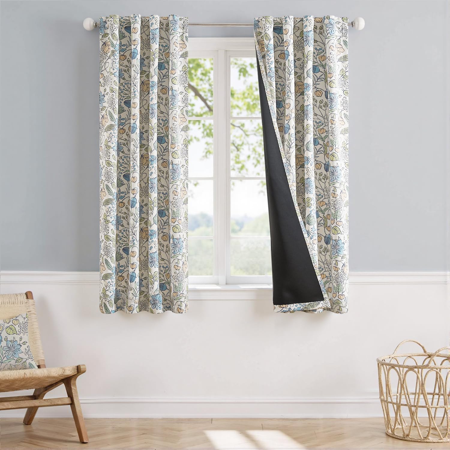 Vangao Blue Nursery Curtains for Girls Room with Floral Design