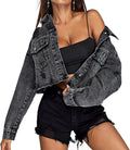 Cropped Denim Jacket for Women - Distressed Button-Down Style