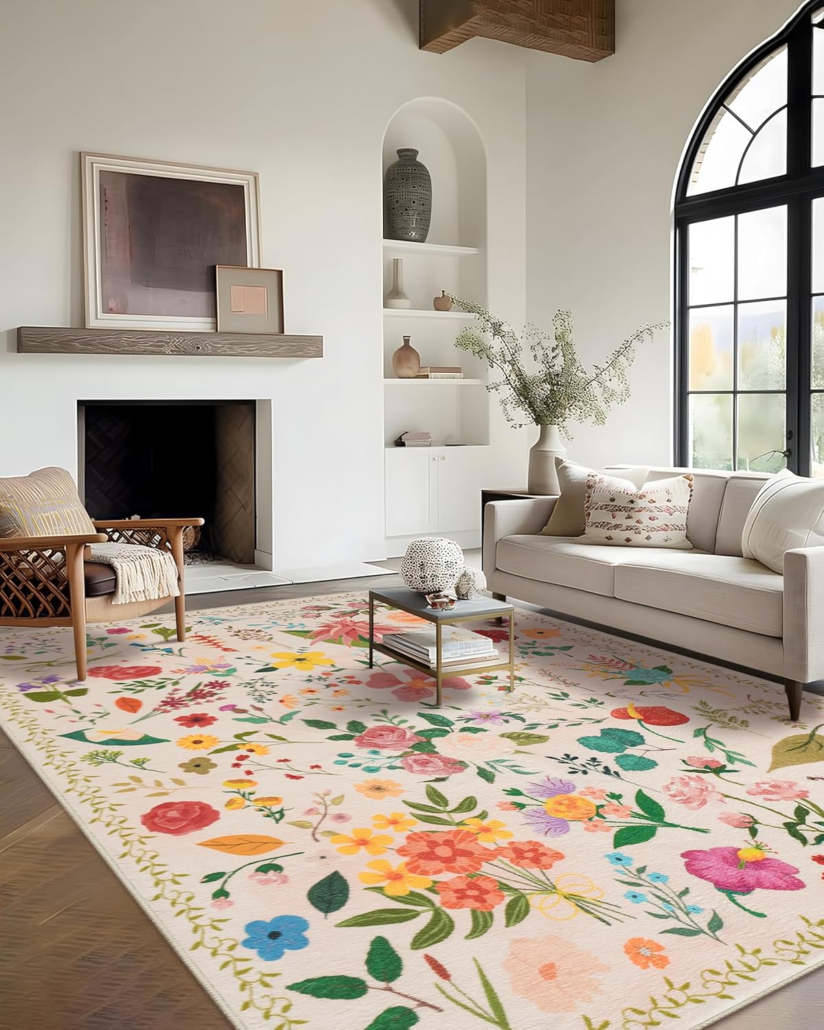 Area Rug 9x12, Washable Large Vintage Floral Carpet for Home