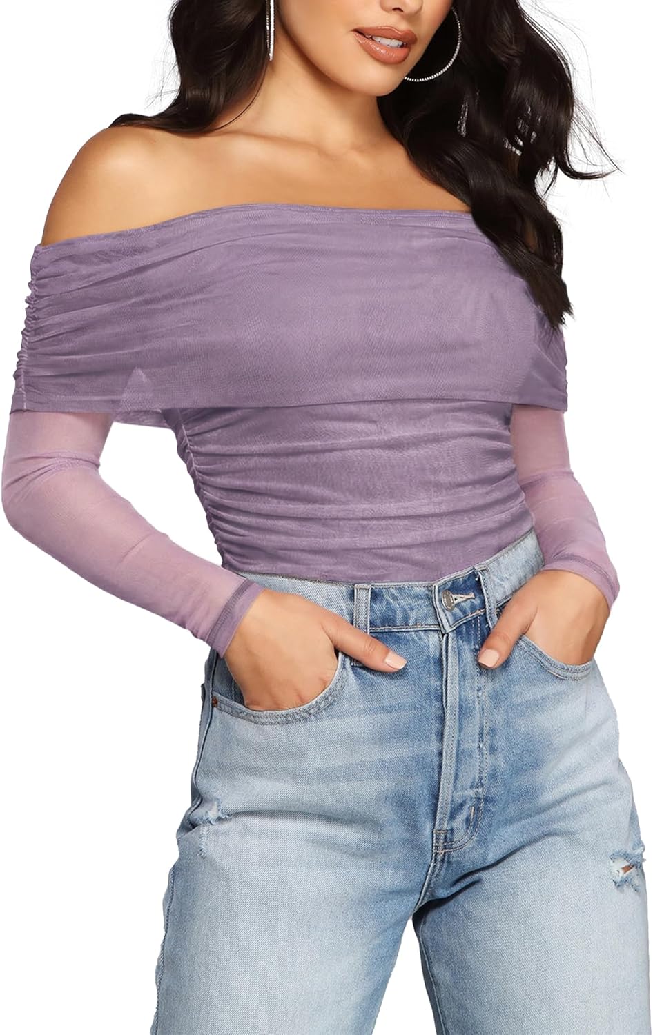 SAUNGKUAI Women's Off The Shoulder Long Sleeve Bodysuit for Fall