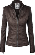 Womens Faux Leather Moto Biker Jacket with Zipper Pockets