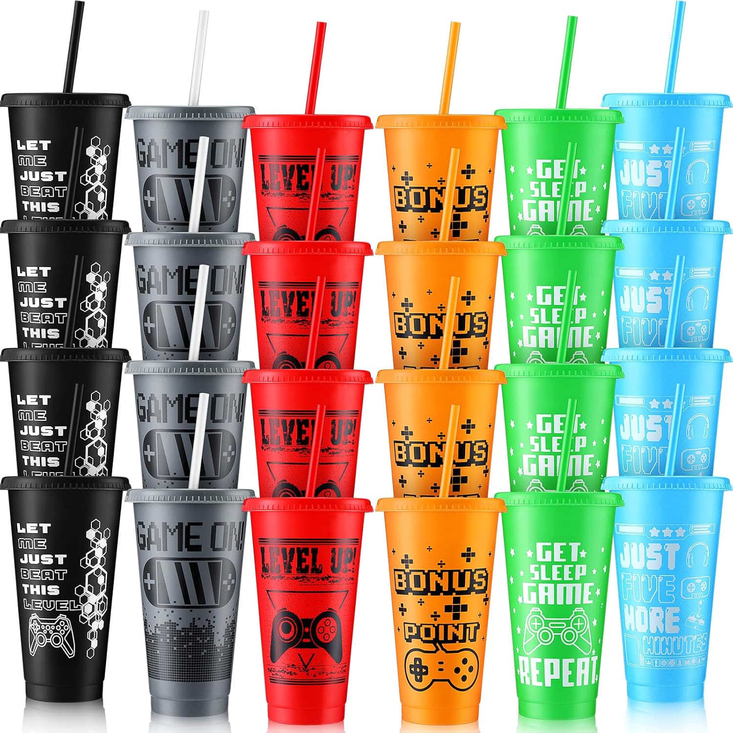 Mifoci Video Game Plastic Cups with Lids and Straws for Parties