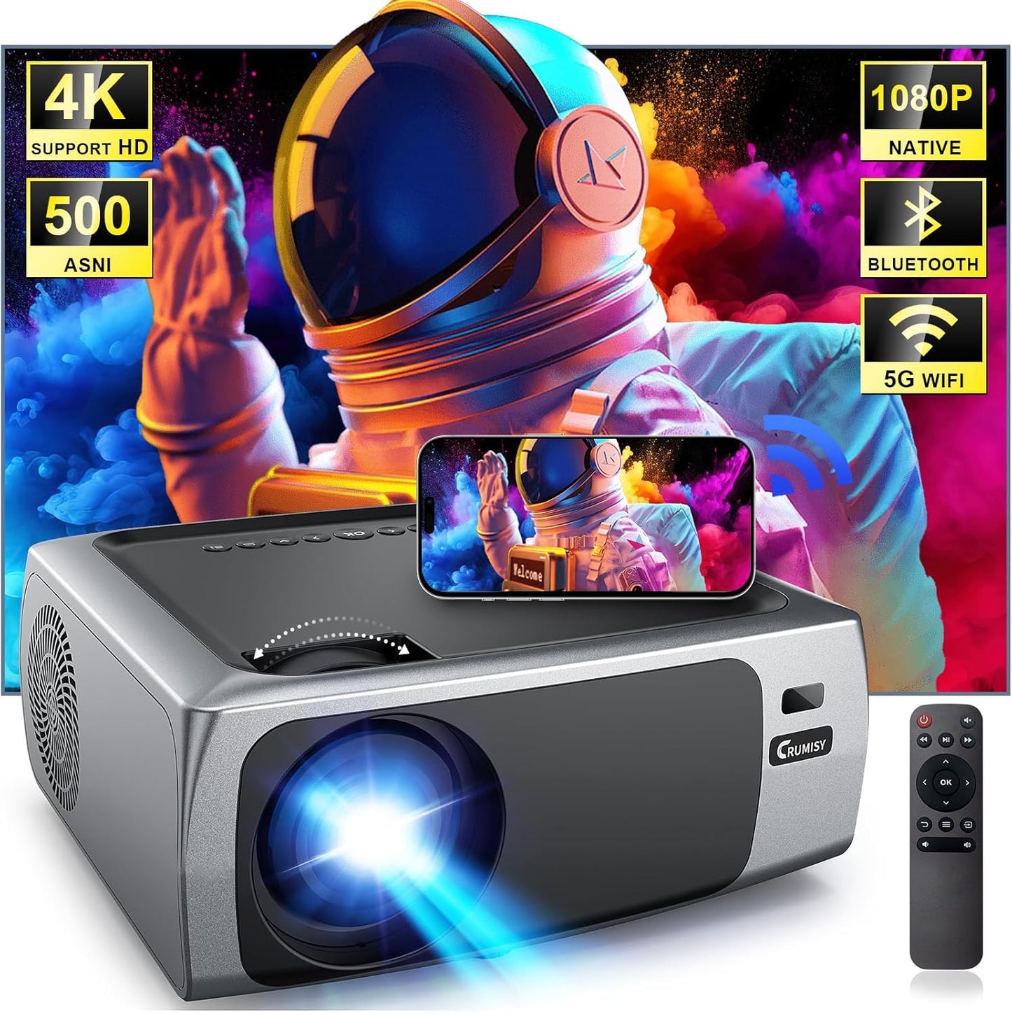 Crumisy 4K WiFi Projector: 500 ANSI, 1080P, Bluetooth, Outdoor Movie Ready!