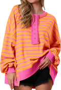 Womens Striped Oversized Waffle Knit Henley Sweatshirt - Cozy Fall Fit
