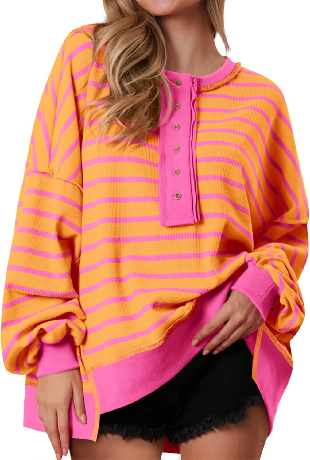 Oversized Striped Sweatshirt for Women - Cozy Waffle Knit Top