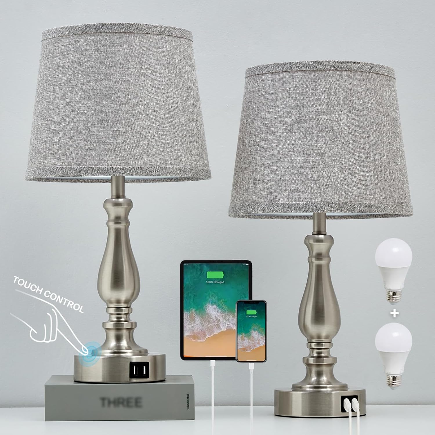 Touch Control Table Lamps for Bedroom Set of 2 with USB Ports
