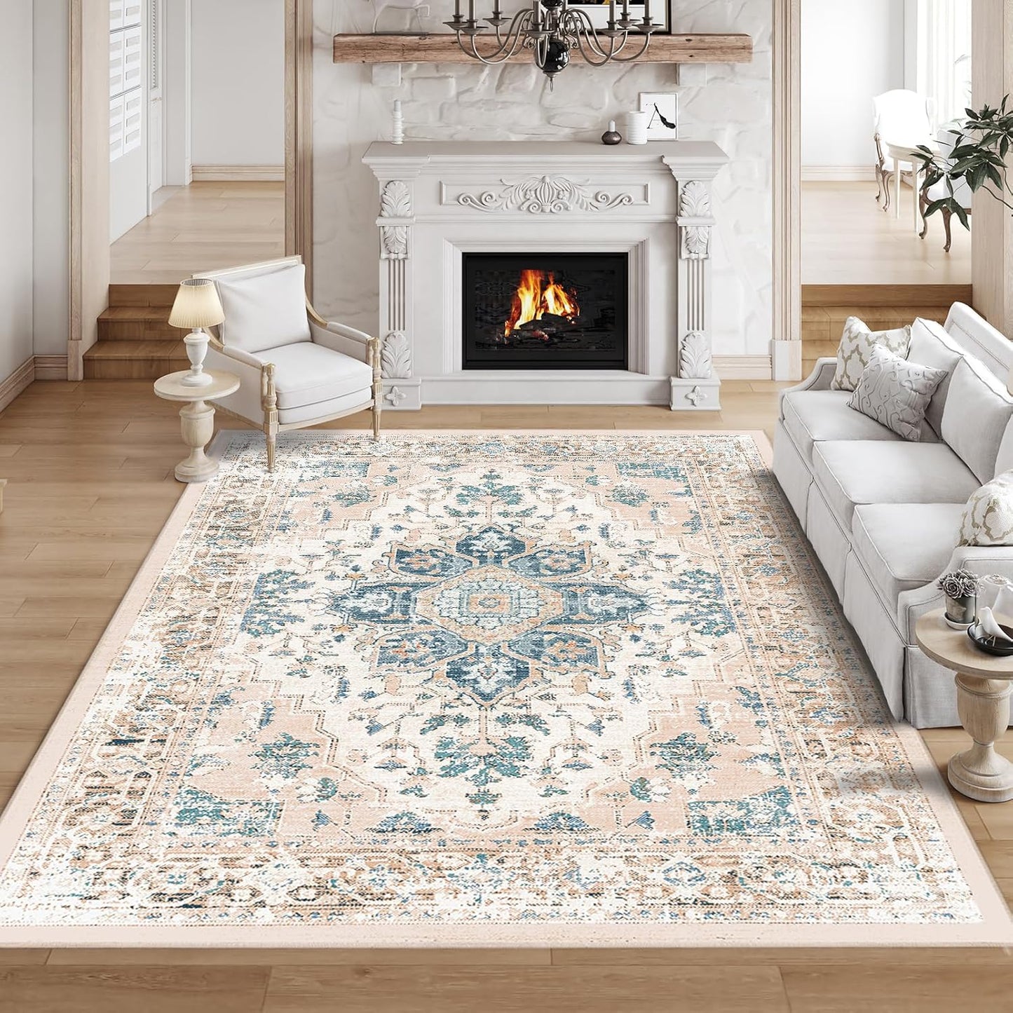 Bisque-Cyan Boho Rug 6'x9' - Washable & Non-Slip