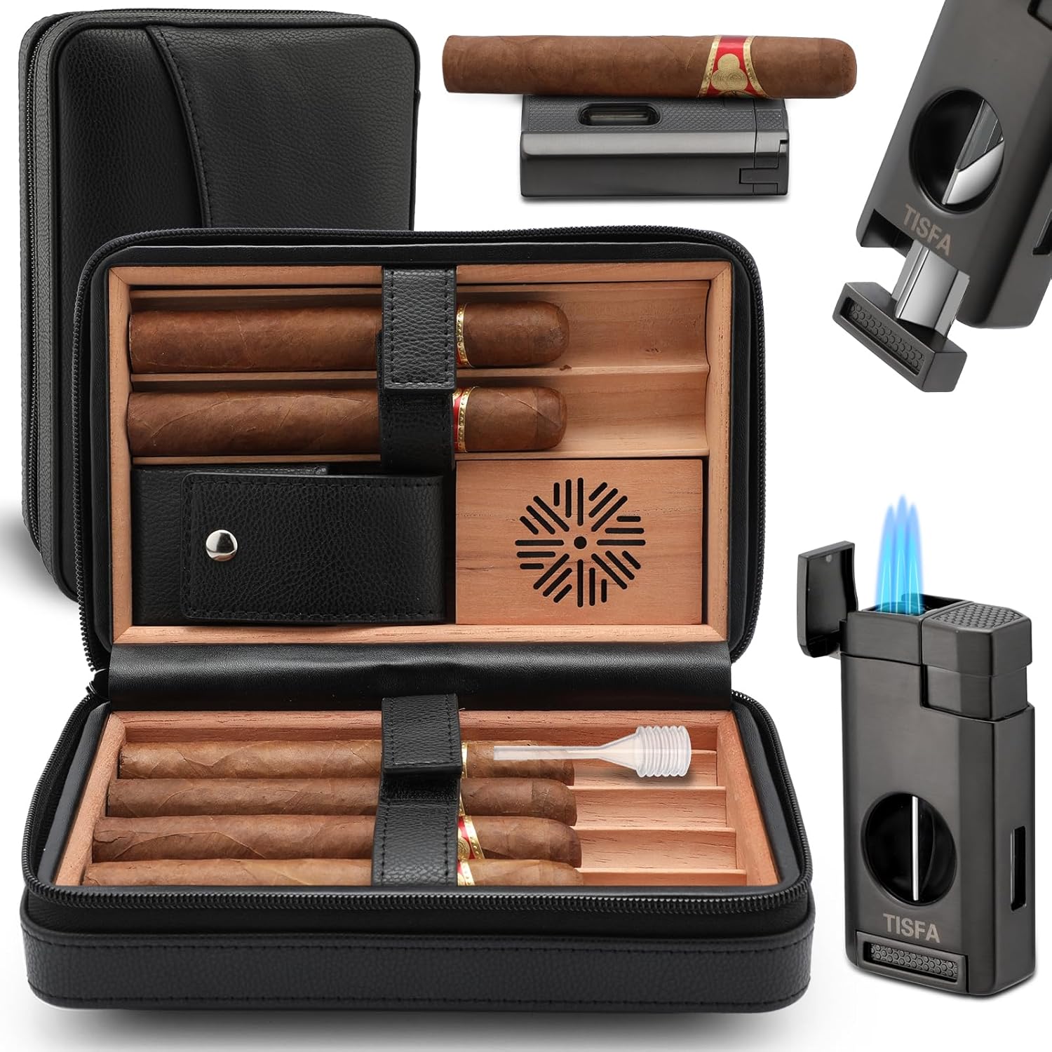 TISFA Cigar Humidor: Leather Cedar Wood Case with Lighter & Cutter