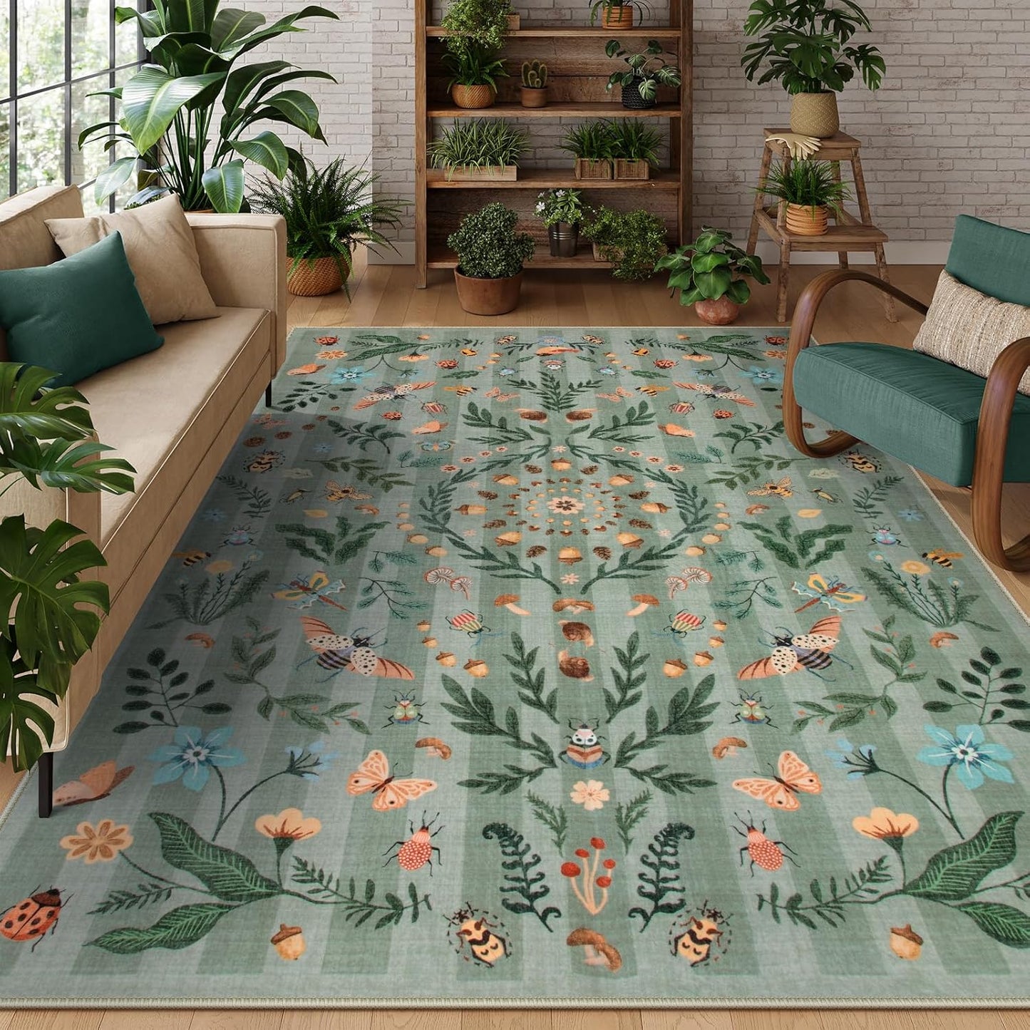 Lahome Insect Botanical Washable 8x10 Green Rug for Home